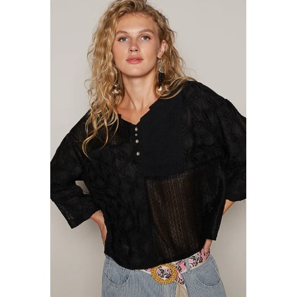 POL Tops - POL Black V-Neck Crochet and Semi-Sheer Lace Long Sleeve Top NWOT